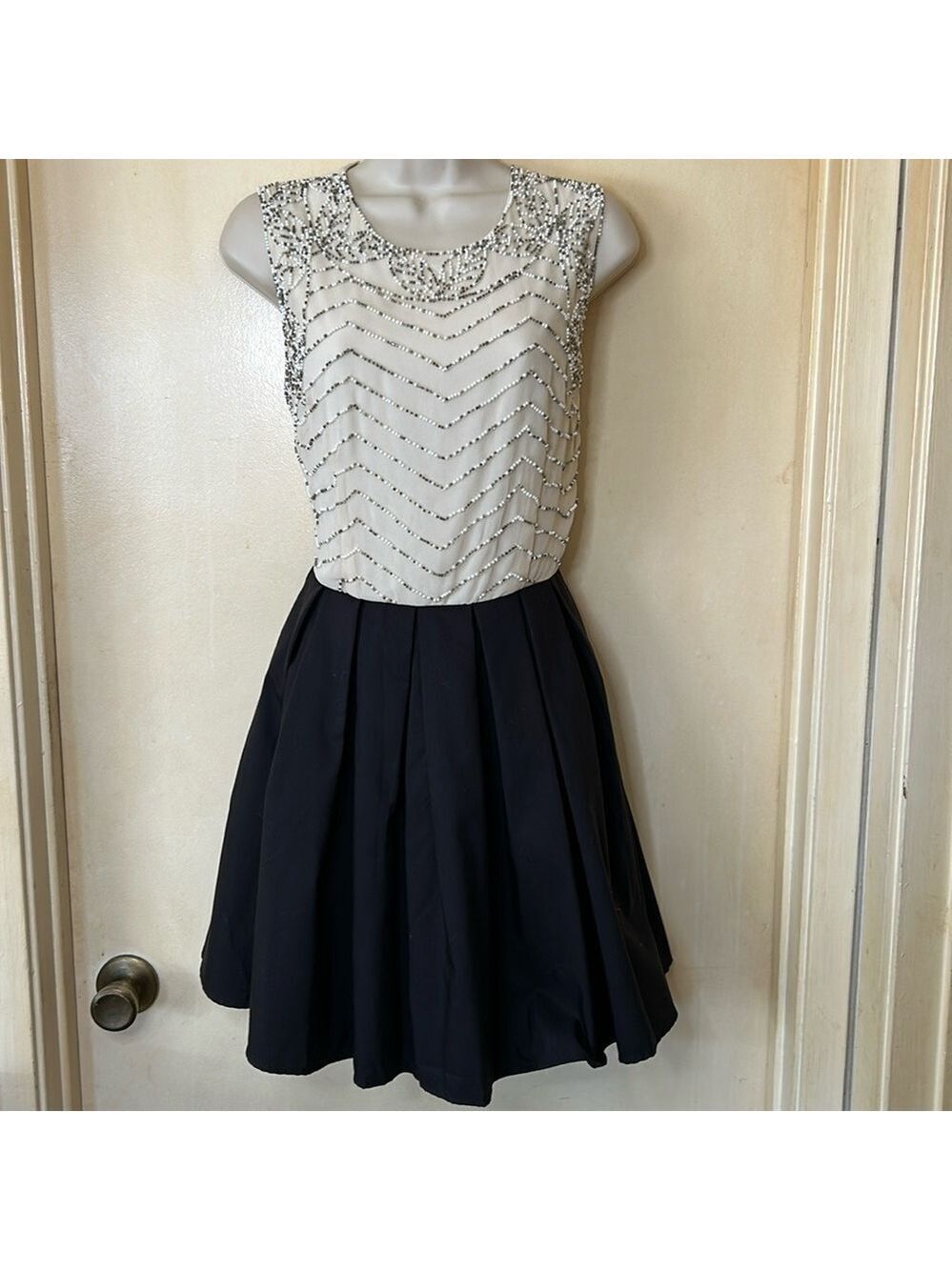 TFNC London cream beaded top and black skater skirt dress size M NWT